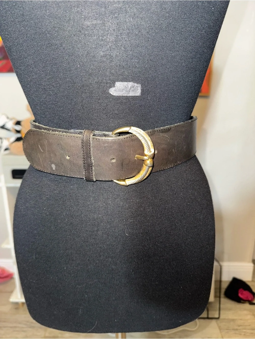 Vintage Loring & Paige Leather Waist Belt with Gold-Tone Crescent Buckle